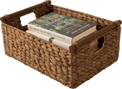 Best Choice Products Wicker Storage Basket, Shelf Organizer Basket w/Wooden Handles, Woven Rectangular Storage Bin, Natural Water Hyacinth for Pantry, Closet, Laundry Room, & Living Room - Chestnut