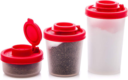 SIGNORAWARE Salt and Pepper Shakers Moisture Proof Set of 2 Large Salt Shaker to go Camping Picnic Outdoors Kitchen Lunch Boxes Travel Spice Set Clear with Red Covers Lids Plastic Airtight Dispenser