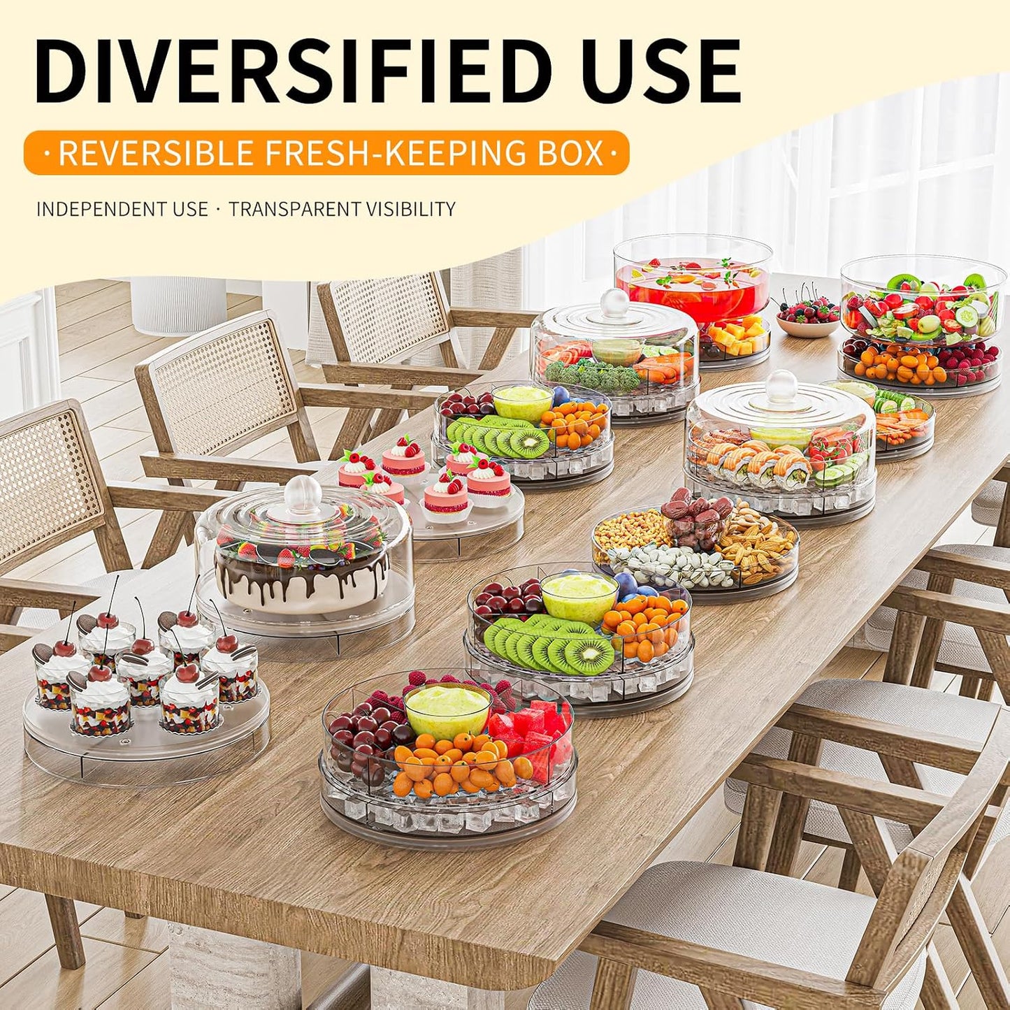 Compact Multifunc Chilled Serving Tray with Clear Rotating Lid,9 Inch Fruit Platter Tray for Parties and Small Cake Stand with Ice Storage Four Compartment Platter for Veggie Sushi Snacks Cupcakes