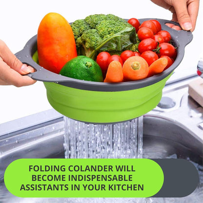 3PCS Green Foldable Kitchen Strainer Set – Silicone Colander Collapsible Strainers and Colanders Green Collander for Kitchen Collapsible Compact Drain Tools for Cooking Prep