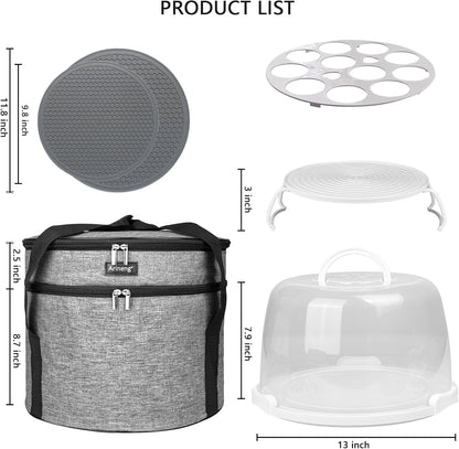 Round Cake Carrier Box with Lid and Handle, Transportation Insulated Bag for Cakes, Cupcakes and Pies, Triple Locking Design for Safe Transportation (Grey, 12 * 12 * 7.9 Inch)