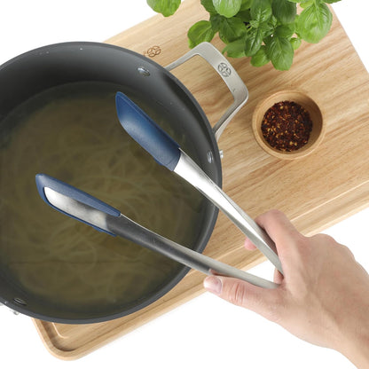 Calphalon Edge Tongs Set, 2-Piece Stainless Steel Kitchen Tongs Set with Silicone Heads, Includes 9-Inch & 12-Inch Heat-Resistant Locking Tongs for Cooking, Grilling & Serving, Taupe
