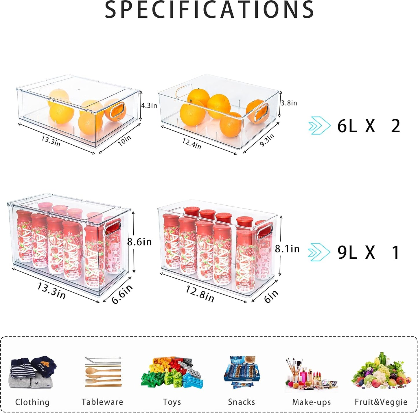 3Pack Fridge Organizer Drawer Divider Cube Pull-Out Bins Clear Food Container Refrigerator Storage box Produce Saver for Pantry Kitchen Cabinet