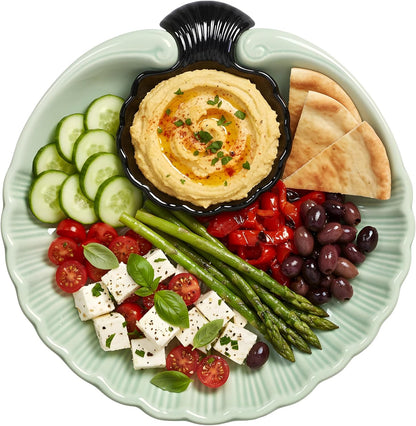 Servo Best Grey Ceramic Chip and Dip Platter, Shell Design Appetizer Serving Tray with Built-In Dip Bowl, Sectioned Snack Platter for Chips Salsa Veggies, Party Entertaining Serveware Gift