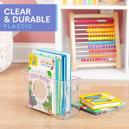 Plastic Food Storage 4 Pack Clear Container Bin with Handles for Organizing Kitchen, Pantry, Refrigerator, Freezer, Pantry, Cabinet, Closet, Bathroom. Stackable 10”x6”x3”