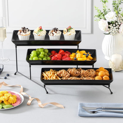 MALACASA 3 Tier Serving Trays for Party, Porcelain Serving Platters and Trays, 12 Inch Tiered Tray Stand, Fruit Tray, Trays for Serving Food, White Dessert Stand with Collapsible Sturdier Metal Rack