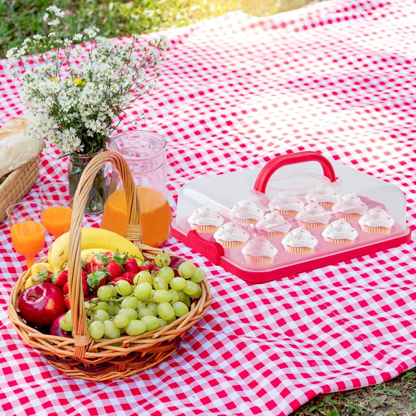 Cake Carrier with Lid, Cake Holder Cupcake Container for 12 Cupcakes 2 in 1 Portable Dessert Container for Pie Muffin Cobbler (Red)