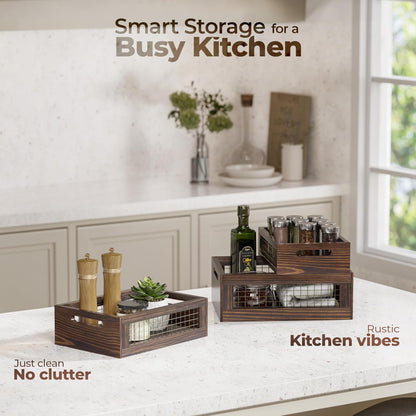 Set of 3 Wooden Nesting Countertop Baskets, Rustic Wood Storage Crates with Handles for Kitchen, Pantry, Bathroom, Fruit, Vegetables, Bread