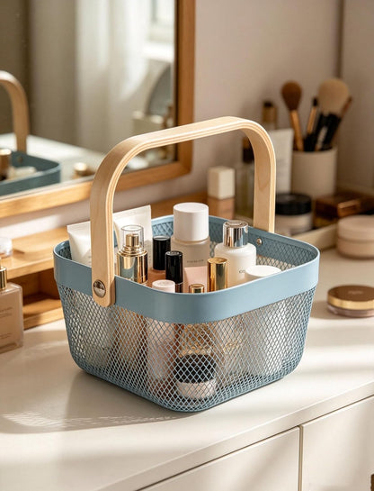 AJIODA Metal Mesh Wire Basket, Large Steel Basket with Wooden Handle Storage Organizer Basket Multi-functional Hanging Kitchen Baskets Fruit Baskets for Kitchen Bathroom Cabinet Pantry Snacks, Black