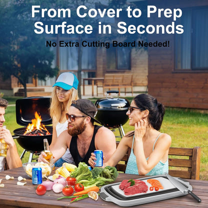 Collapsible BBQ Prep Tub with Cutting Board & Lid - XXL 7.95 Gal / 66 lb - Reusable Grilling Accessories - BPA-Free, Hand Wash (Drain Hole) - Outdoor, Boating, Hunting - Gift for Men
