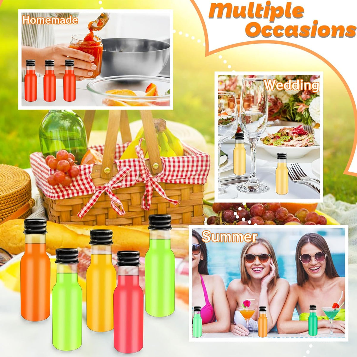 1.7oz Mini Liquor Bottles,50ml Plastic Spirit Alcohol Bottle with Black Cap,Miniature Sauce Bottles with 10 Funnels for Weddings,Party Supplies