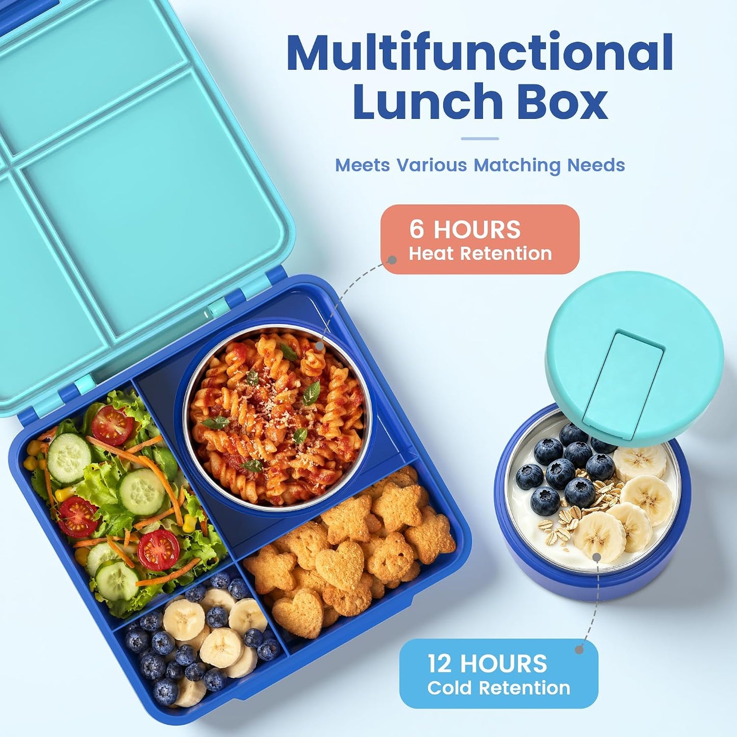 LOHASOK Bento Lunch Box Kids with 8oz Soup Thermo, Leak-Proof Lunch Containers with 4 Compartment, Thermo Hot Food Jar and Insulated Lunch Box for School Blue