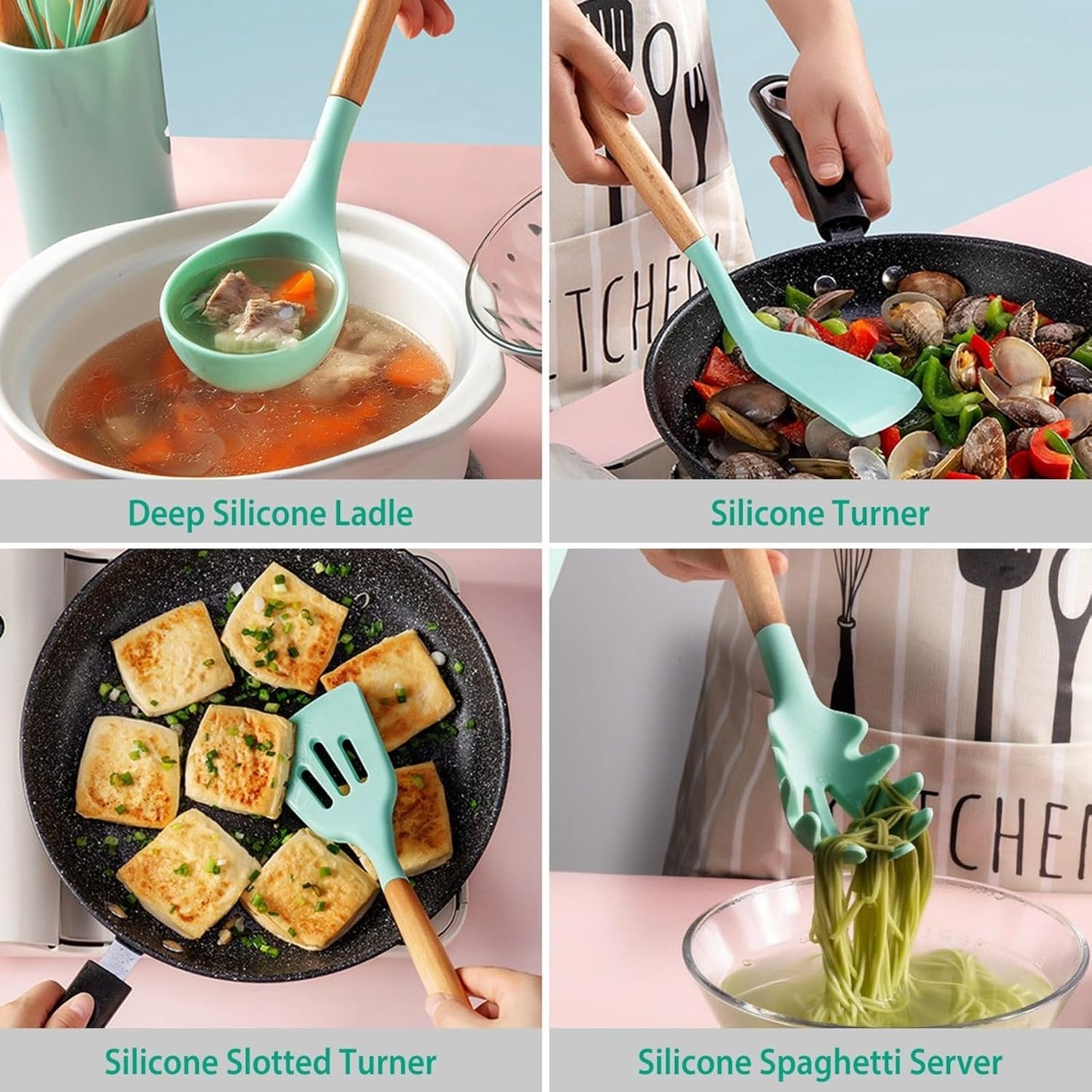 11Pcs Silicone Cooking Utensils Set with Wooden Handle, Heat Resistant Kitchen Utensil Set incl Spatula, Ladle, Tongs & Whisk, Non-Stick & Dishwasher Safe w/Holder