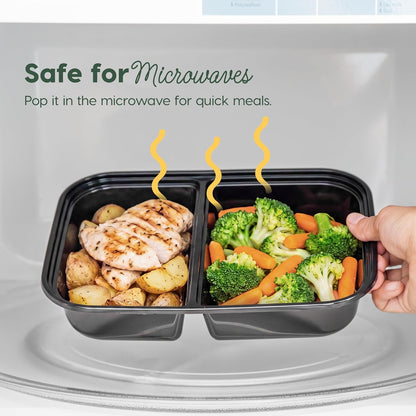 IRIS USA Meal Prep Containers, 36oz - 50 Pack (100-Piece) 3-Compartment Reusable Food Storage Containers with Lids, Plastic Kitchen Food Prep To Go Lunch Box, Microwave Freezer Dishwasher Safe, Black