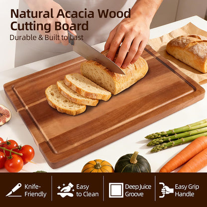 Cutting Board Set of 2 – Checkered Wood & Acrylic Cutting Board with Counter Lip for Kitchen Counter, Wood Checkerboard Chopping Board with Juice Grooves for Vegetables, Fruits, Meat