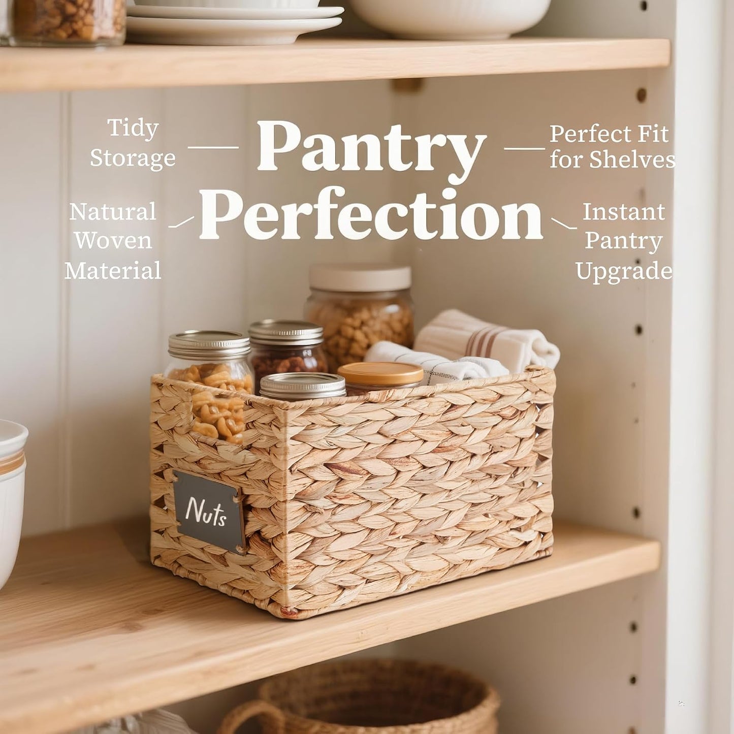 DECOMOMO Wicker Storage Baskets, Handwoven Pantry Baskets, Water Hyacinth Storage Baskets w/Chalkboard and Marker (Natural, Set of 2)