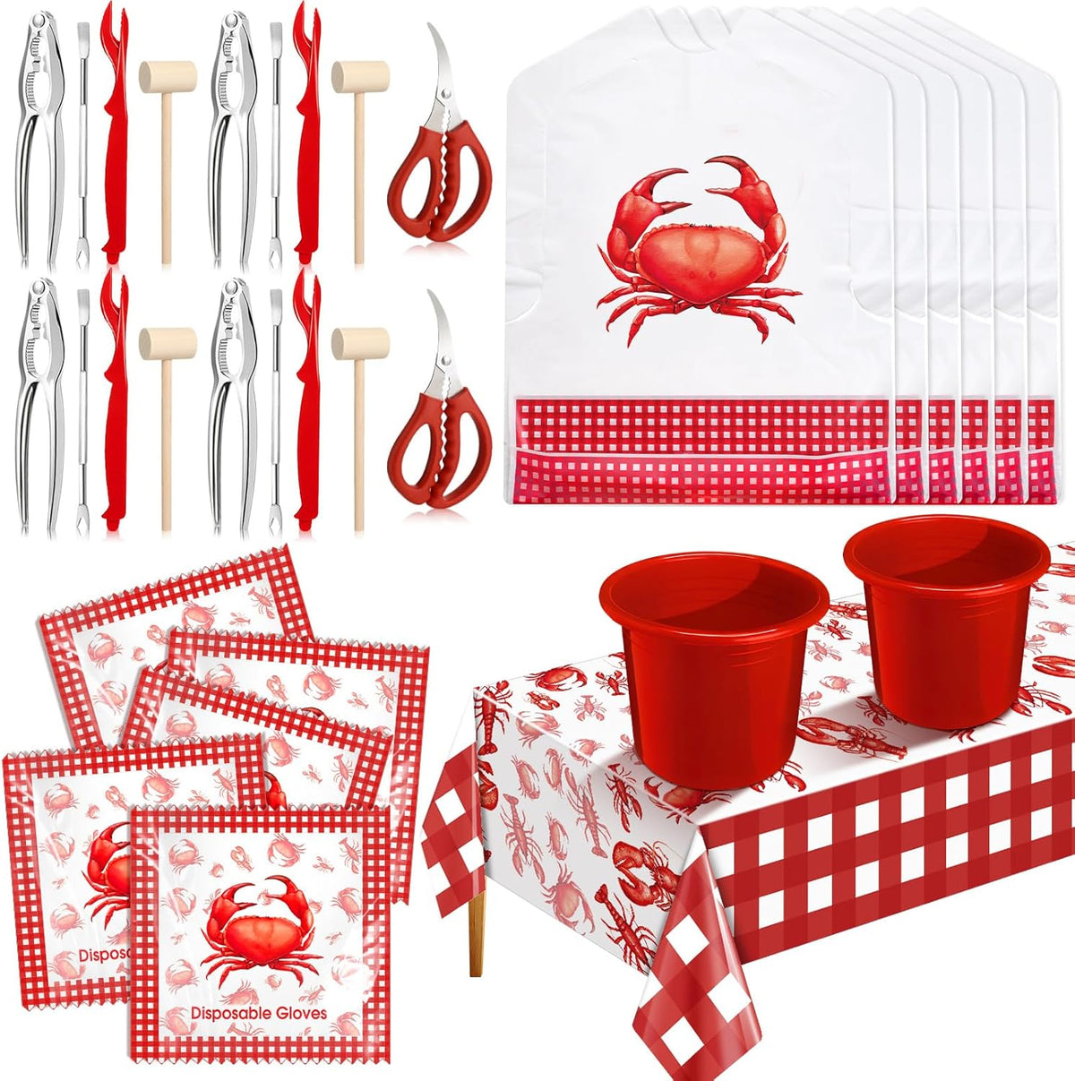 61 Pcs Seafood Tools Set Plastic Crawfish Tablecloth Lobster Bibs