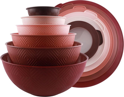 COOK WITH COLOR Mixing Bowls with Lids - 12 Piece Plastic Nesting Bowls Set includes 6 Prep Bowls and 6 Lids, Microwave Safe Mixing Bowl Set, Pink Embossed - Colors B