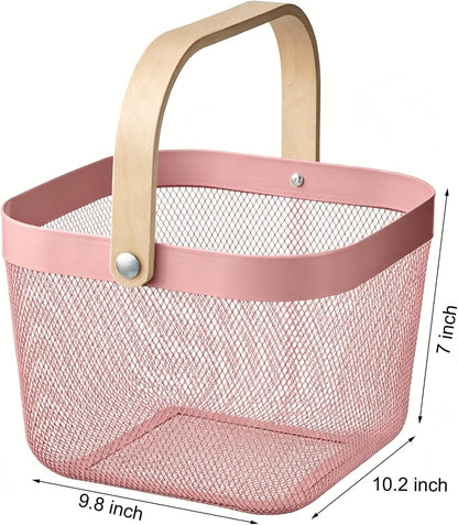 AJIODA Metal Mesh Steel Basket, Storage Organizer Basket Multi-functional Hanging Kitchen Baskets Fruit Basket Bin with Bamboo Handle for Kitchen Bathroom Picnic Shopping Decor Cabinet Home, Blue