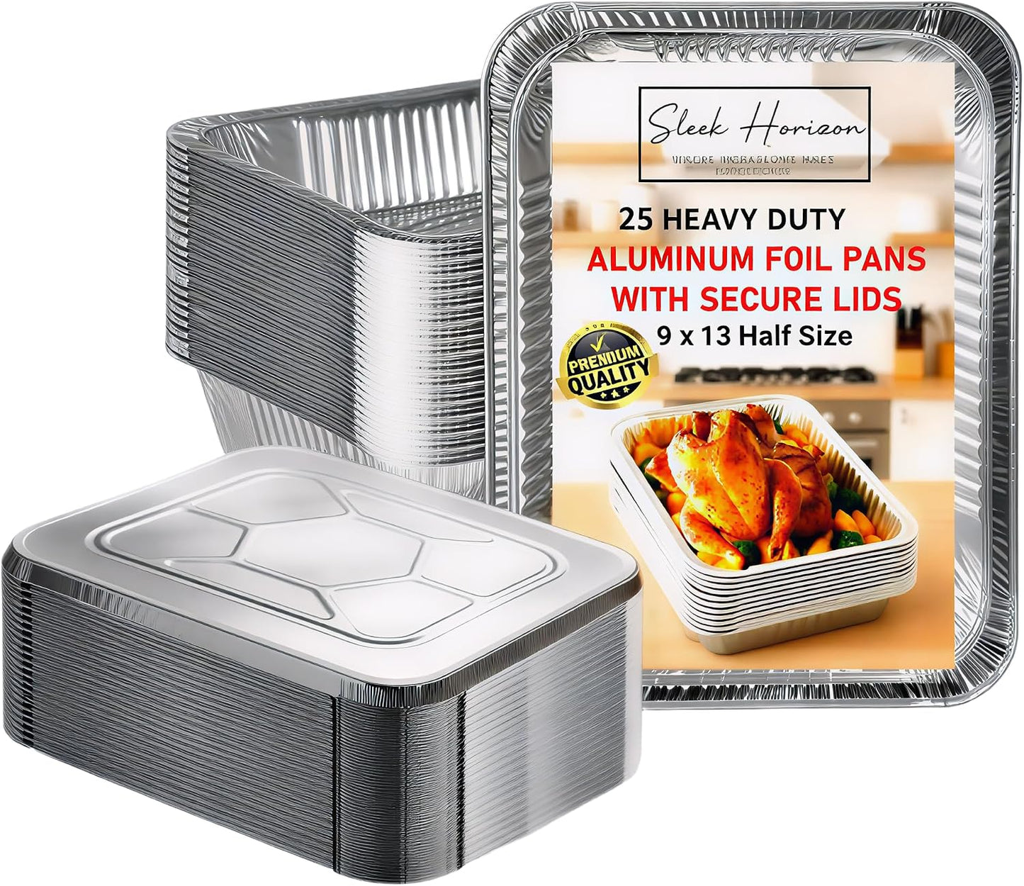 9x13 Inch Aluminum Foil Pans with Lids – 25 Pack Extra Heavy Duty Deep Disposable Half-Size Trays for Baking, Roasting, Cooking & Food Storage – Rectangular Silver Pans with Matching Lids