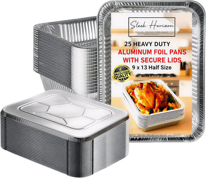 9x13 Inch Aluminum Foil Pans with Lids – 25 Pack Extra Heavy Duty Deep Disposable Half-Size Trays for Baking, Roasting, Cooking & Food Storage – Rectangular Silver Pans with Matching Lids