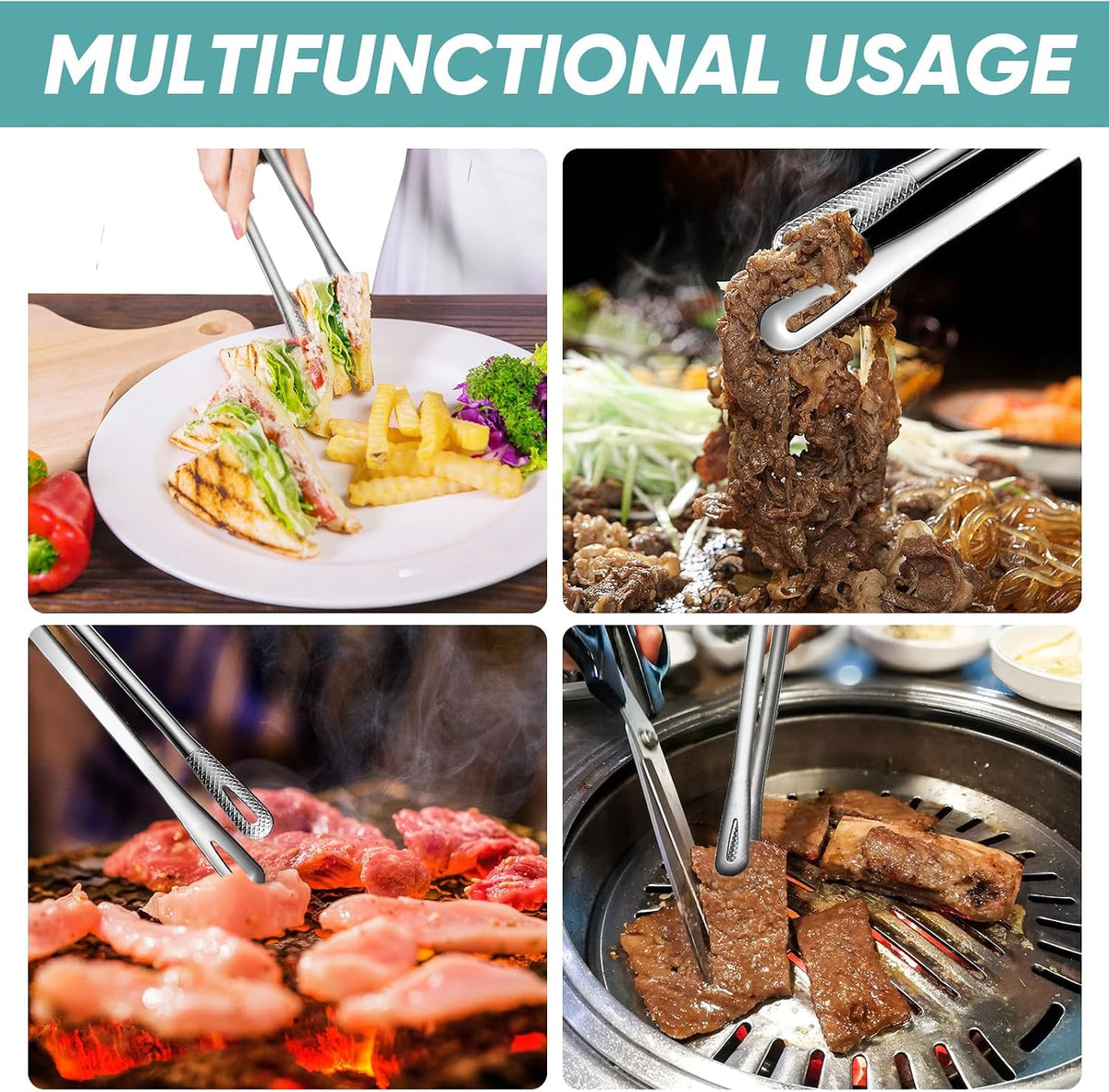 meekoo 6 Pcs 7.8 Inches Stainless Steel Korean BBQ Grill Tongs Japanese Barbecue Tongs for Cooking Portable Kitchenware Home Outdoor Steak Salad Food