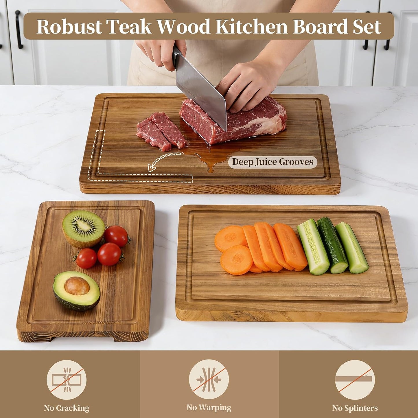 Teak Cutting Board Set for Kitchen - 3 PCS Solid Teak Wood Chopping Board with Holder & Juice Groove, Hardwood Cutting Boards for Meat, Fish, Vegetables, Fruits (Small, Medium, Large)