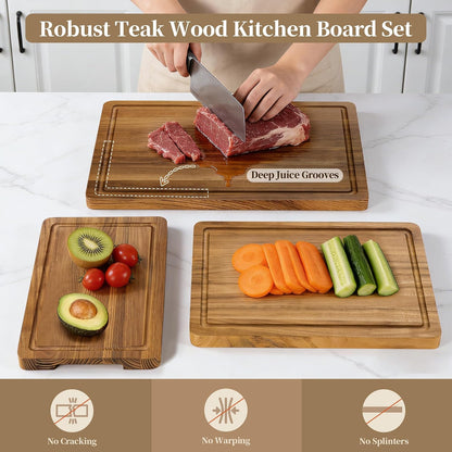 Teak Cutting Board Set for Kitchen - 3 PCS Solid Teak Wood Chopping Board with Holder & Juice Groove, Hardwood Cutting Boards for Meat, Fish, Vegetables, Fruits (Small, Medium, Large)