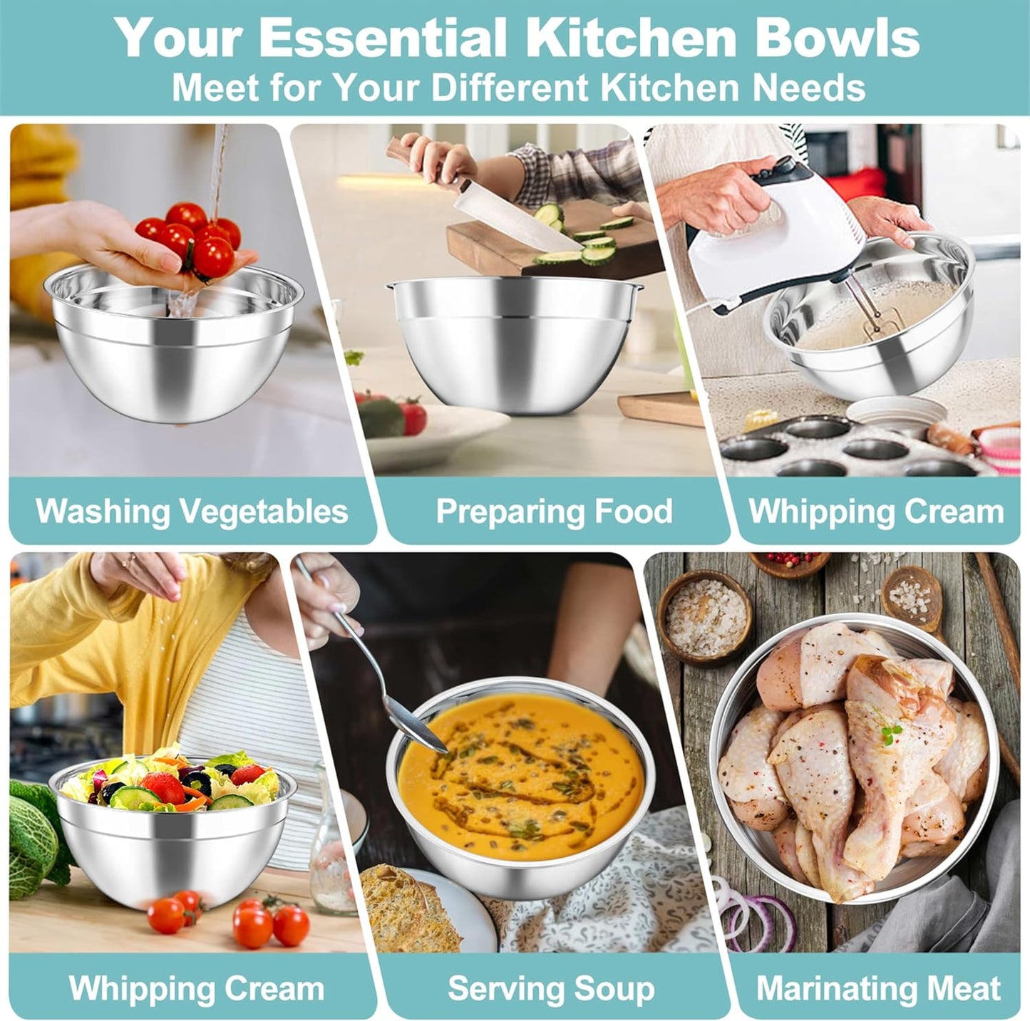 TeamFar Mixing Bowls Set, 4.5/3/1.5/1/0.7 QT Stainless Steel Nesting Salad Bowls with Airtight Lids, For Serving/Mixing/Storing, Non-Toxic & Heavy Duty, Visible & Easy Clean, Black, Set of 5