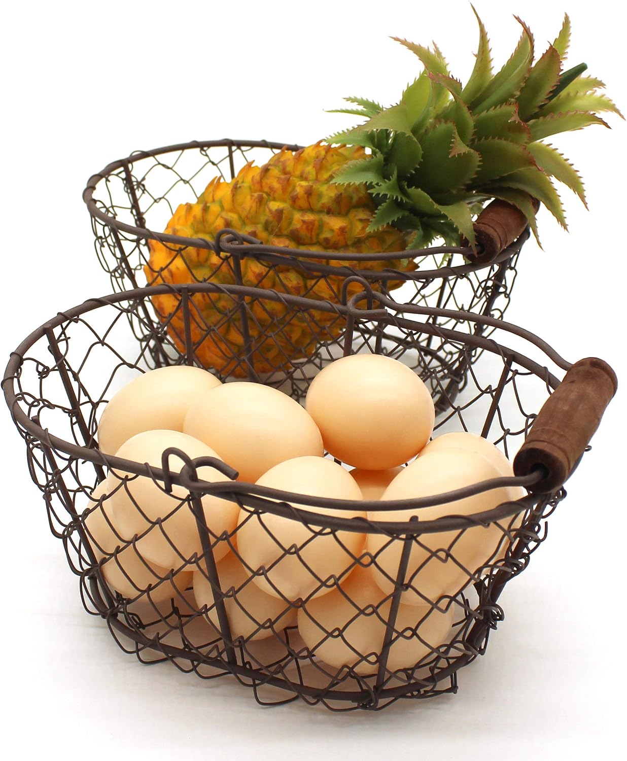CVHOMEDECO. Metal Wire Small Egg Baskets Rust Fruit Baskets with Wooden Handle Country Vintage Style Storage Baskets. Set of 2