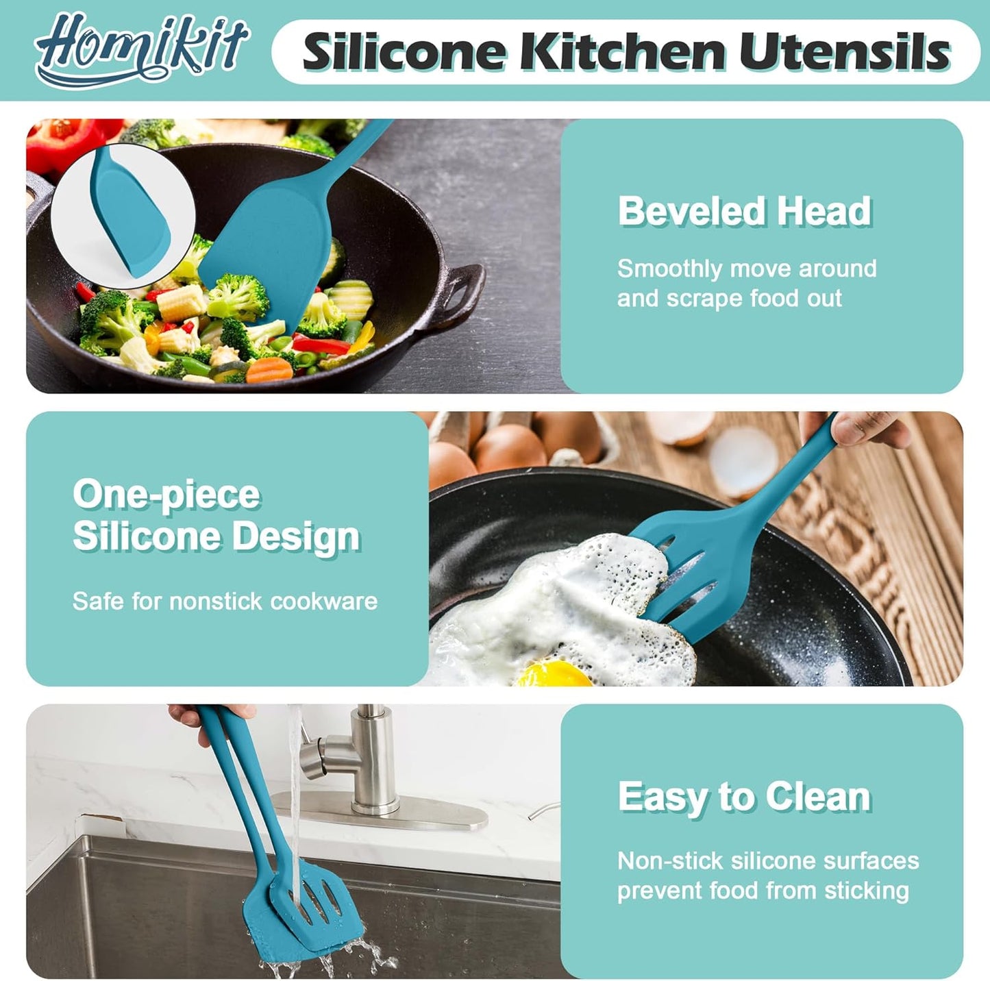 Homikit Silicone Cooking Utensil Set, 15pcs Kitchen Utensils with Holder for Nonstick Cookware, Heat Resistant Nontoxic Silicone Spatula Set Dishwasher Safe Kitchen Tools for Baking-Black