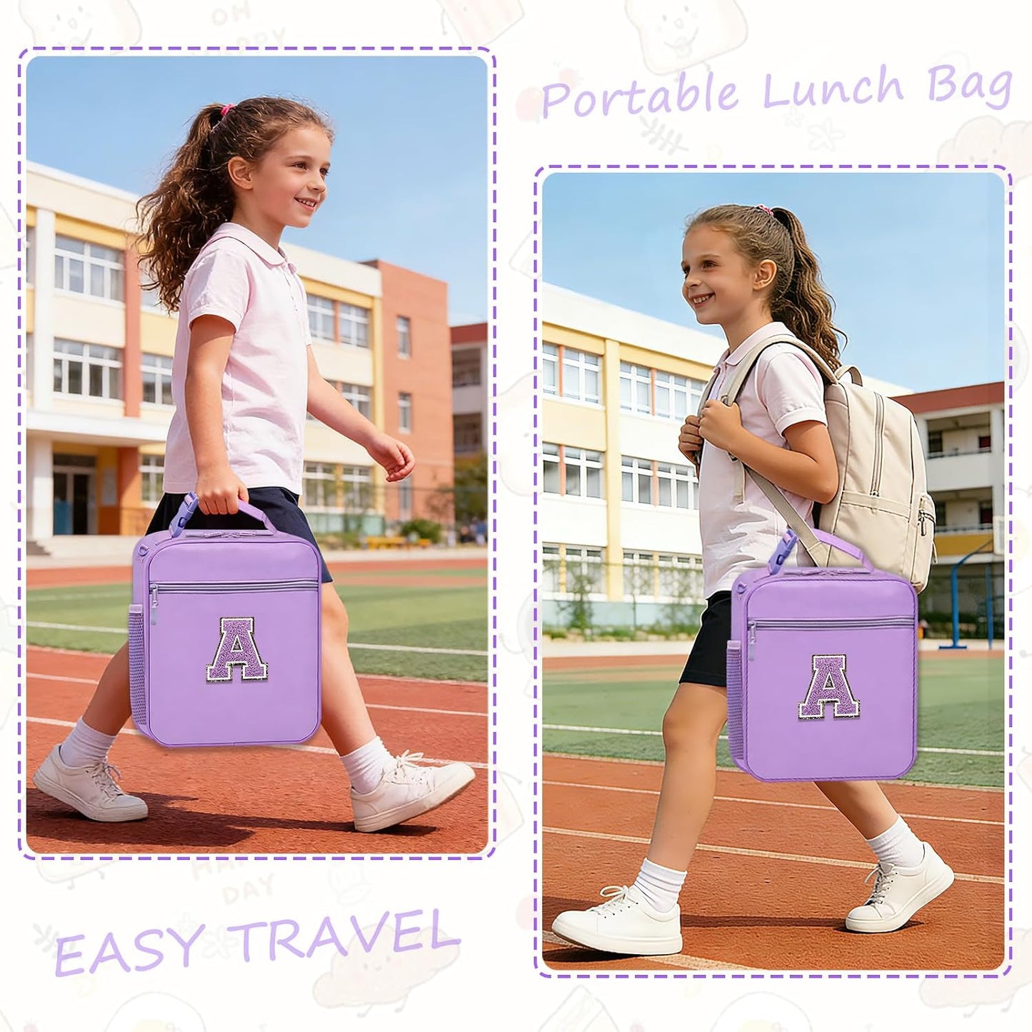 Lunch Box for Women Girls Adult Teens Kids Lunch Bag School Work Picnic Meal Food Container Carrier Purse Cooler,Insulated Lunch Tote with Handheld Shoulder Strap Water Bottle Holder Purple A