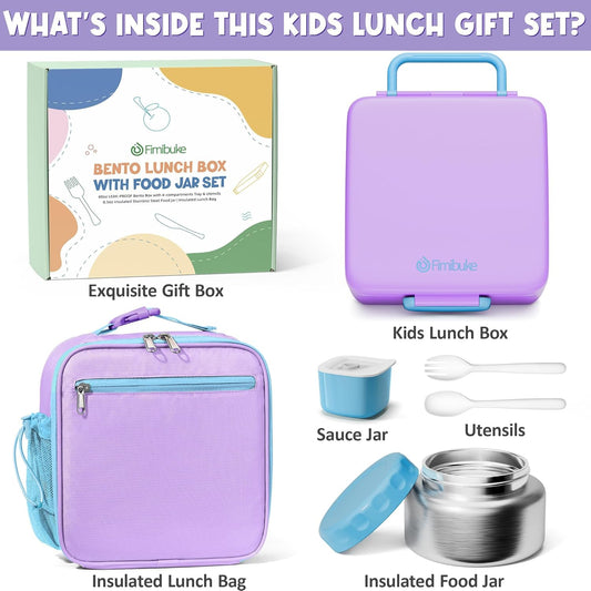 Fimibuke Kids Bento Lunch Box with Thermo, Leakproof Toddler Bento Box with 8.5OZ Insulated Food Jar, Lunch Bag & Utensils BPA Free Dishwasher Safe 3 or 4 Compartment Container for School Girls Boys