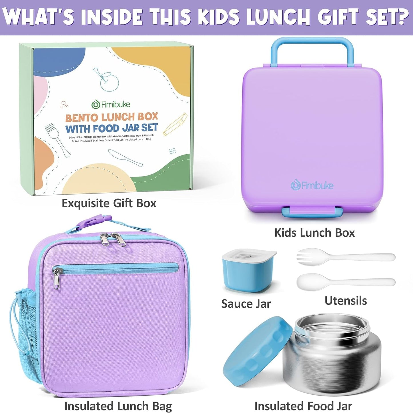 Fimibuke Kids Bento Lunch Box with Thermo, Leakproof Toddler Bento Box with 8.5OZ Insulated Food Jar, Lunch Bag & Utensils BPA Free Dishwasher Safe 3 or 4 Compartment Container for School Girls Boys