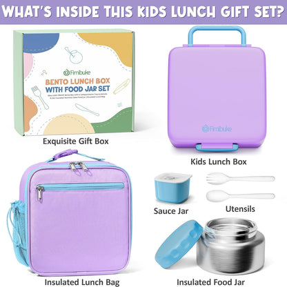 Fimibuke Kids Bento Lunch Box with Thermo, Leakproof Toddler Bento Box with 8.5OZ Insulated Food Jar, Lunch Bag & Utensils BPA Free Dishwasher Safe 3 or 4 Compartment Container for School Girls Boys