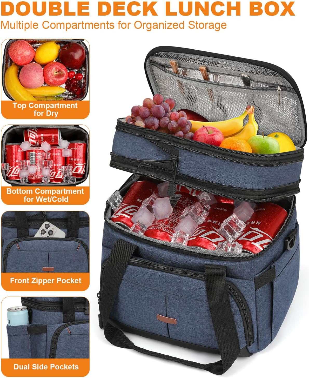 Pritent Lunch Box For Men Women Double Deck Insulated Lunch Bag For Men Woman Leakproof Expandable Cooler Bag with Adjustable Shoulder Strap for Kids Shool Work Picnic Camping(Beige,Large)