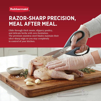 Rubbermaid Kitchen Scissors All Purpose Heavy Duty, Stainless Steel Kitchen Shears with Protective Sheath, Dishwasher Safe Kitchen Scissors for Food, Meat, Poultry & Herbs, Comfort Grip, Black