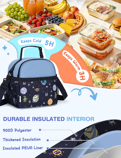 VASCHY Lunch Box Bag for Kids, Insulated Double Compartments Cooler Lunch Tote for Toddlers Boys Girls School/Daycare/Picnic Black Dinos