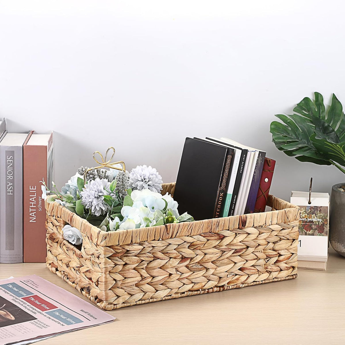 Hipiwe Wicker Basket Water Hyacinth Baskets Rectangular Decorative Baskets Bin for Shelf Organizing, Handwoven Storage Basket Bins with Built-in Handles,15.9"x12"x5.9"
