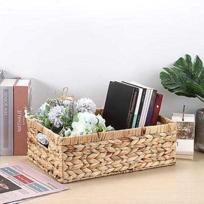 Hipiwe Wicker Basket Water Hyacinth Baskets Rectangular Decorative Baskets Bin for Shelf Organizing, Handwoven Storage Basket Bins with Built-in Handles,15.9"x12"x5.9"