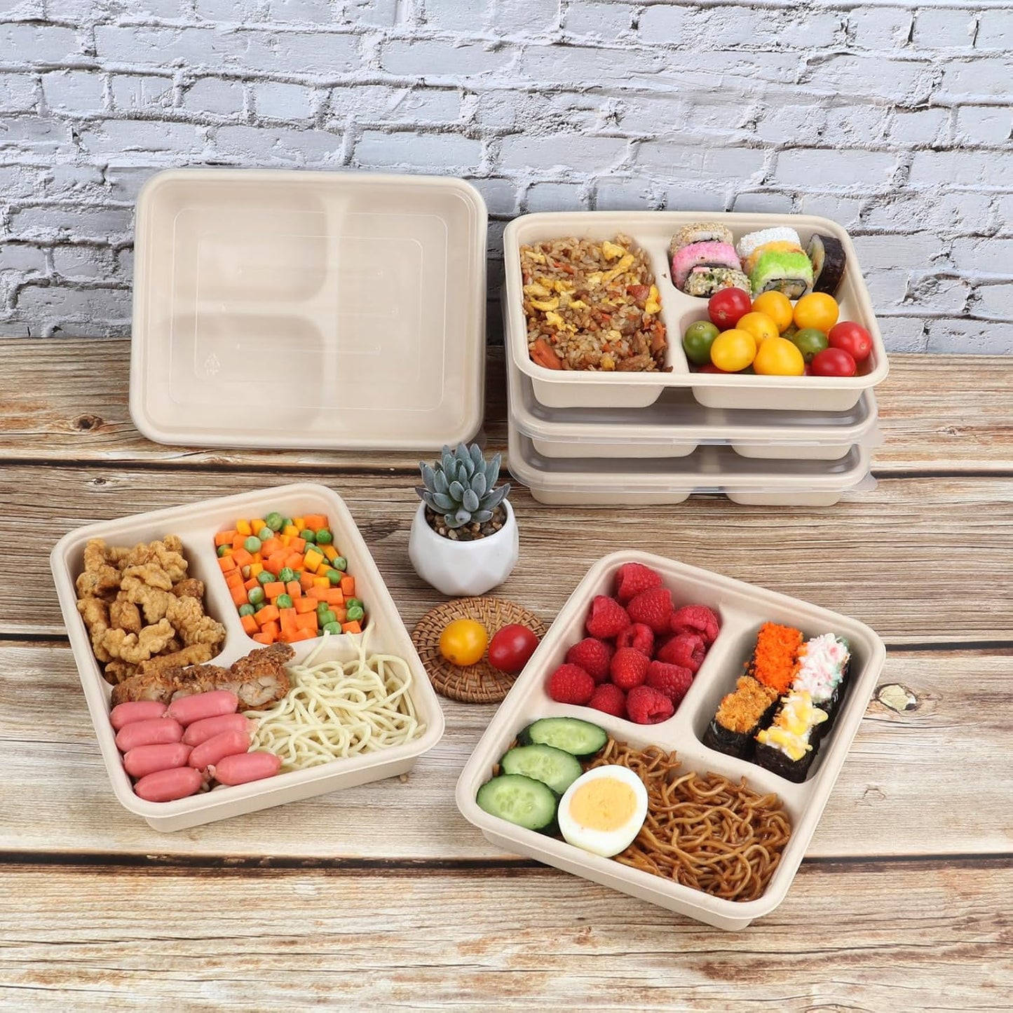 23 oz 3 Compartments disposable plates with Lids Plant Fiber 50 Pack