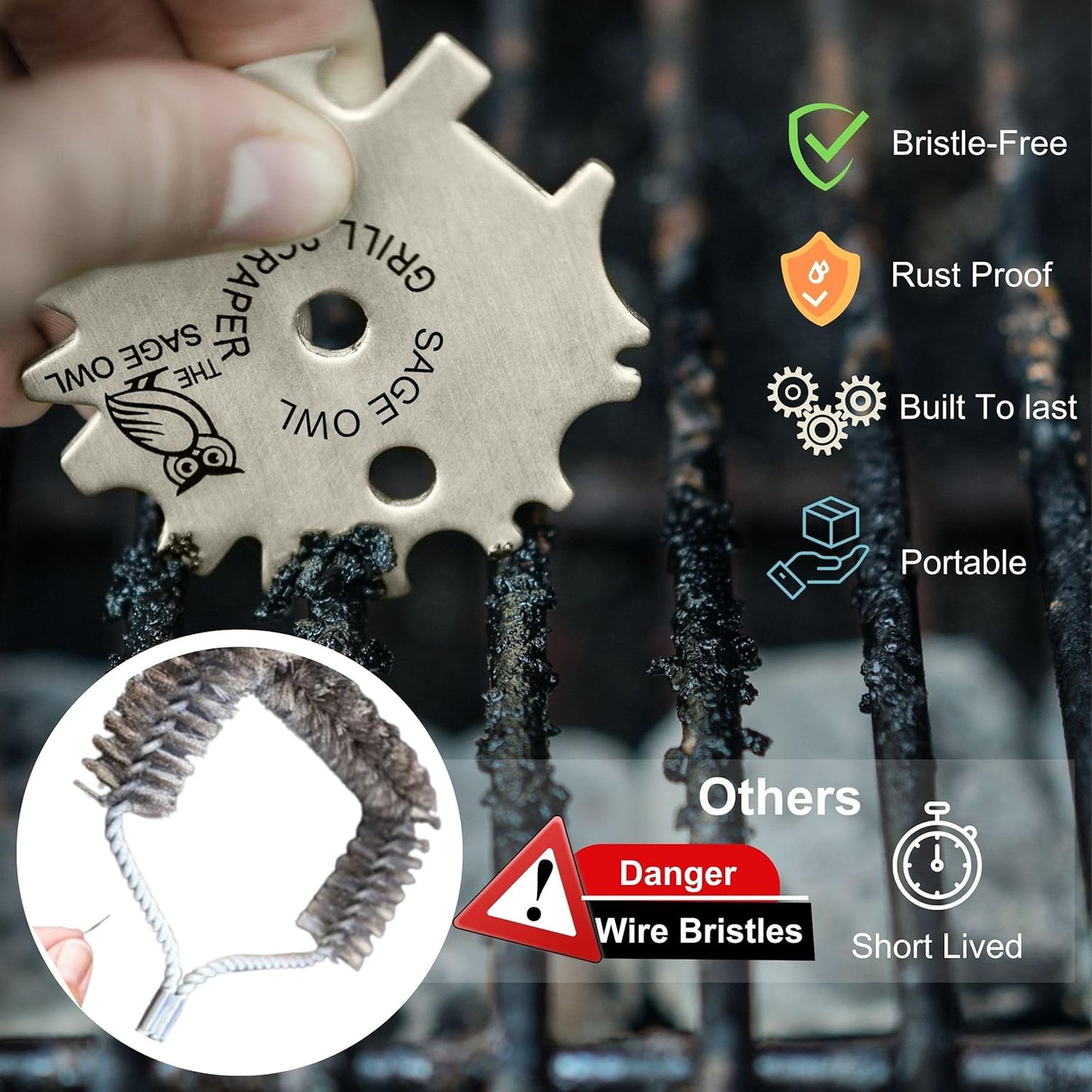 Sage Owl Bristle-Free Stainless Steel BBQ Grill Scraper – Safe Universal Grill Cleaner for Outdoor Grills, Smoker Accessories, Kitchen Gadgets, and Grilling Tools Cooking Stocking Stuffers for Men