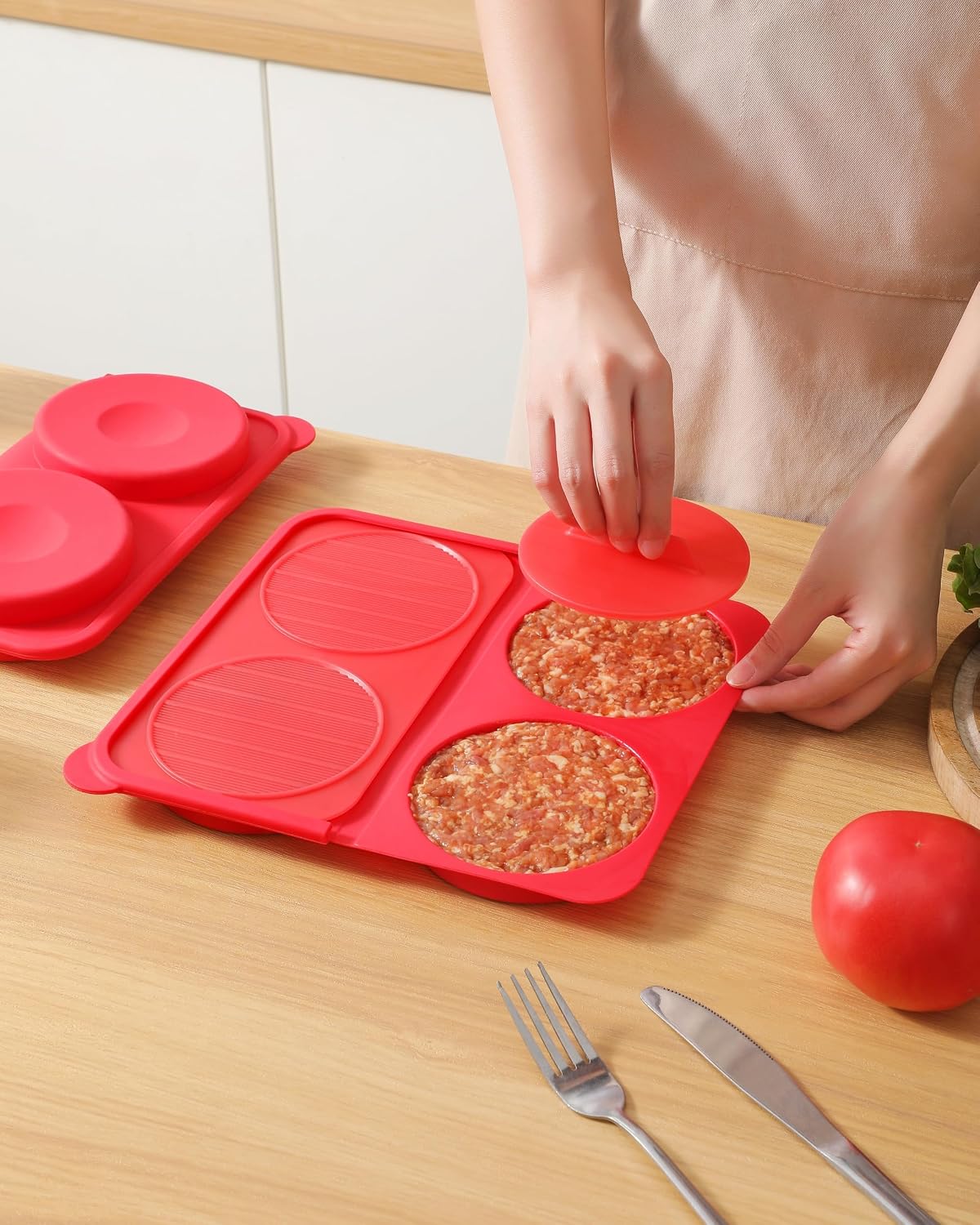 AUOON Silicone Burger Press for 4.5" 1/4-1/3 lb Patties - 4 in 1 Hamburger Press Patty Maker for Kitchen BBQ, Non-Stick Burger Patty Mold for Beef Veggie, Dishwasher Safe & Freezer Storage (Red)