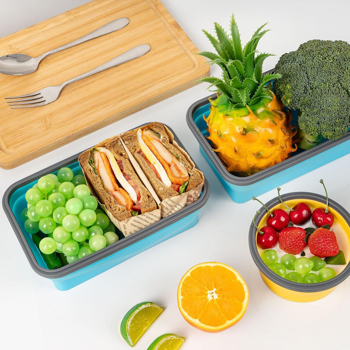 Collapsible Silicone Food Storage Containers Set with Lid & Air Vent,Foldable Lunch Containers(4PCS,Blue,27oz)