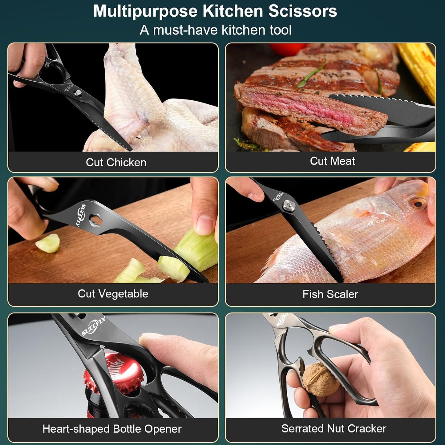 SUCCFLY Kitchen Scissors for Food，Premium Kitchen Shears Heavy Duty，8.8″Ultra Sharp Meat Scissors Detachable Blade，All Steel Poultry Shears Black Titanium Plated，Anti-Slip Cooking Scissor All Purpose