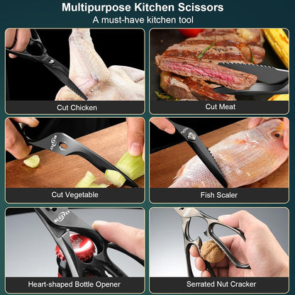 SUCCFLY Kitchen Scissors for Food，Premium Kitchen Shears Heavy Duty，8.8″Ultra Sharp Meat Scissors Detachable Blade，All Steel Poultry Shears Black Titanium Plated，Anti-Slip Cooking Scissor All Purpose