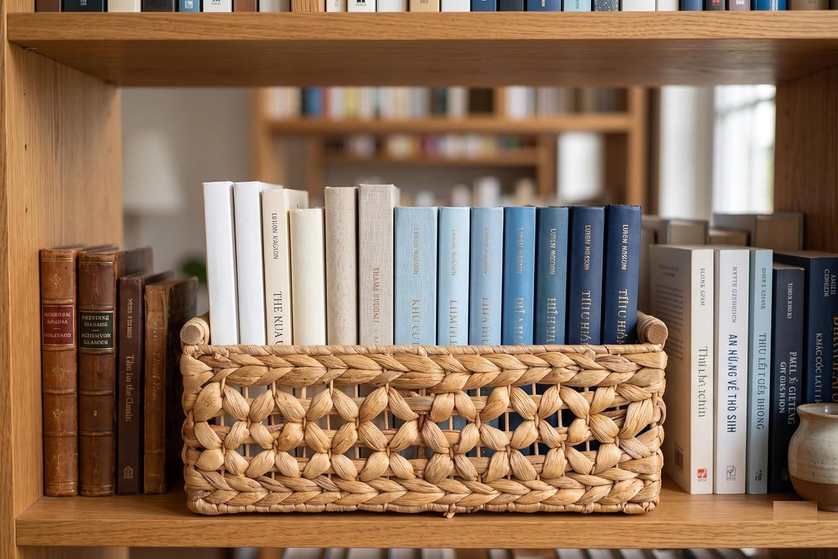 NAYA 11.6" Water Hyacinth Medium Wicker Shelf Basket – Storage Bin | Handwoven water hyacinth shelf basket with sturdy handles for pantry, towels and everyday home organization.