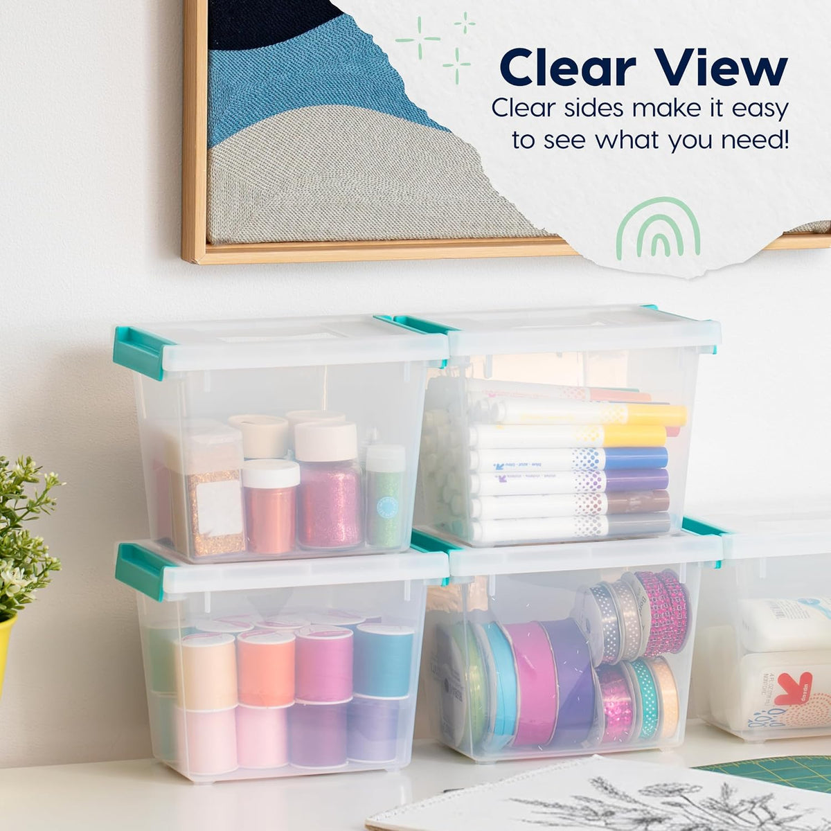 IRIS USA 12 Qt. Craft Storage Bins with Lids, 4-Pack, |Made in USA|, Clip Box, Medium Plastic Sensory Bin Tote Organizer Containers for Art Supplies, Paper, & Office, Stackable - Clear/Seafoam Blue