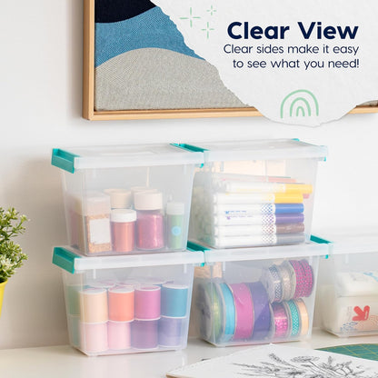 IRIS USA 12 Qt. Craft Storage Bins with Lids, 4-Pack, |Made in USA|, Clip Box, Medium Plastic Sensory Bin Tote Organizer Containers for Art Supplies, Paper, & Office, Stackable - Clear/Seafoam Blue