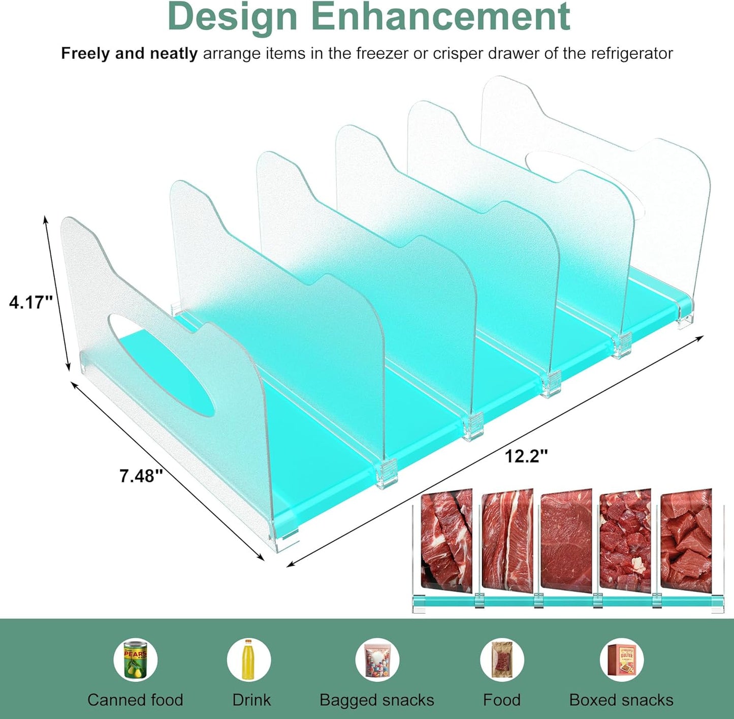 SURETIVIAN Freezer Organizer 12” Visible Fridge Organizer Rack with Removable Dividers and Handles, Freely Adjustable, Fits Refrigerator Frozen Meals, Lunch Meat Box, Cheeses (Mint Green)